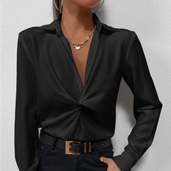 Twist Front Black Office Shirt Long Sleeve Collar Neckline V-Neck - Picture 6 of 7